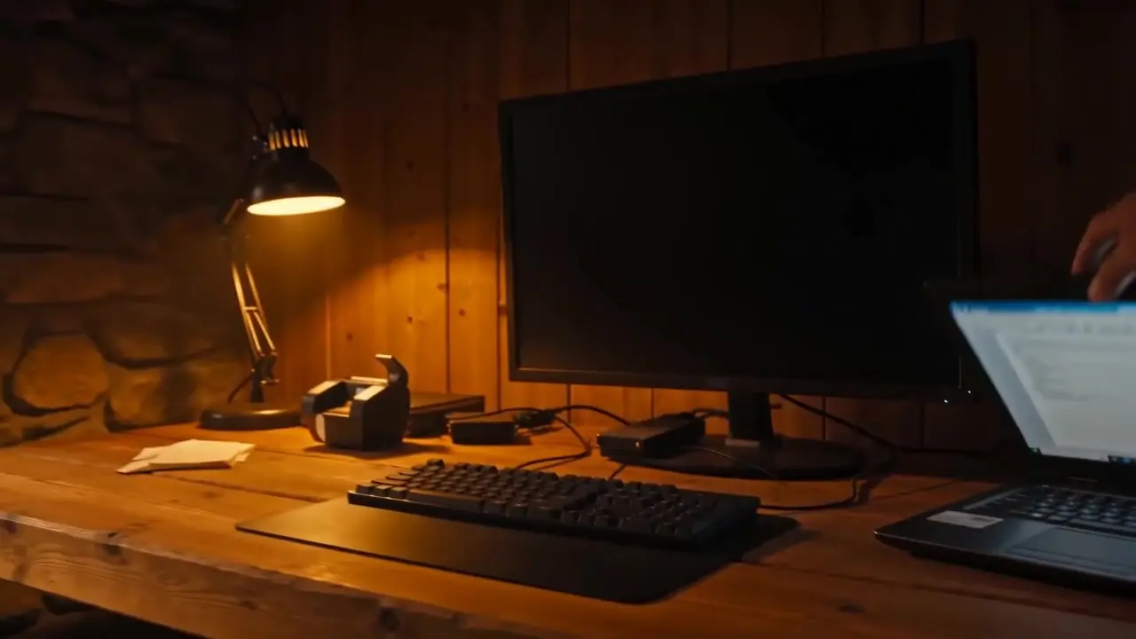 Office desk at night, a phone resting on it