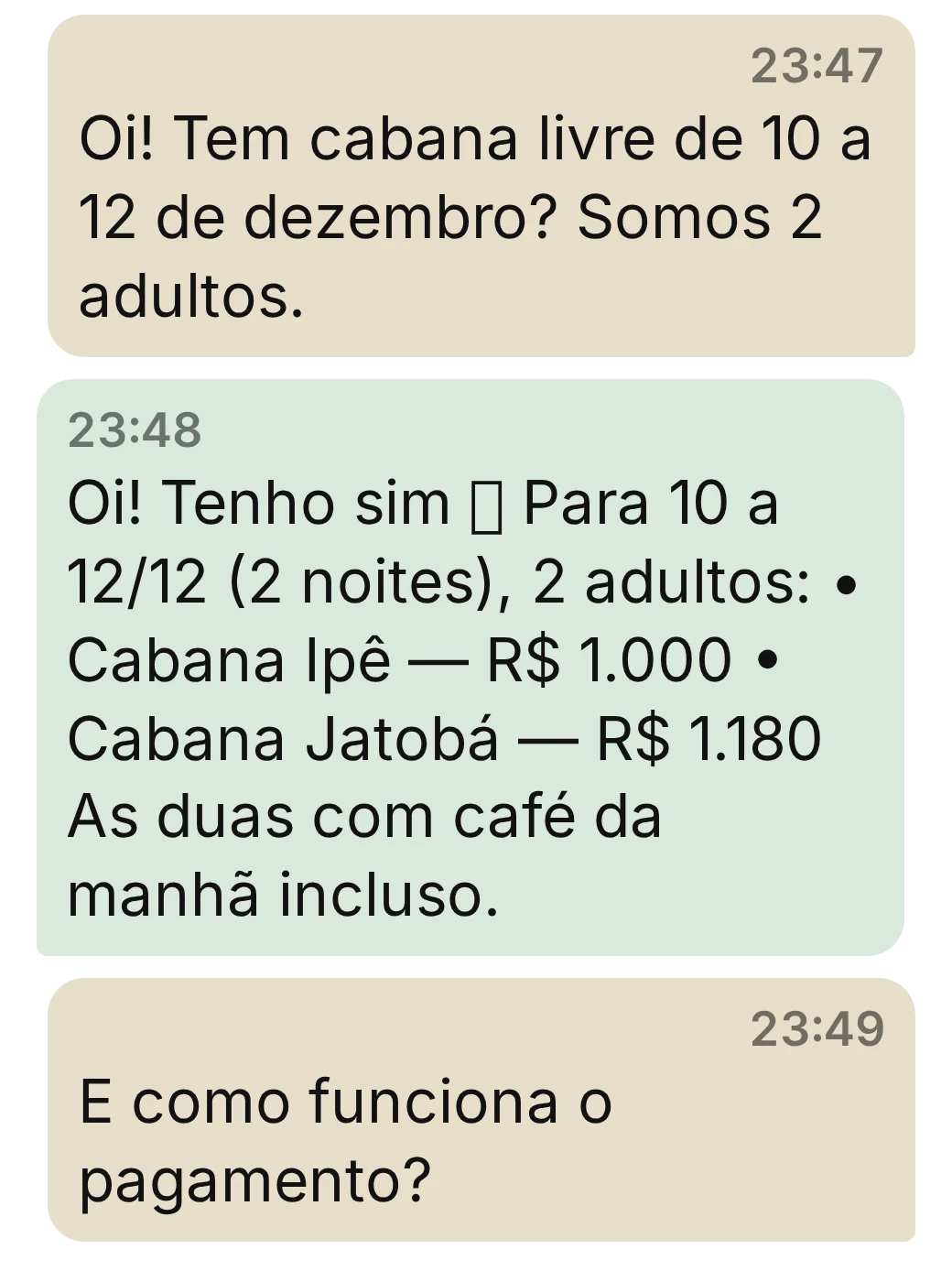 Conversa de WhatsApp: o hóspede pergunta por datas e o Glampcloud responde com as unidades livres, o valor da diária e o total da estadia.