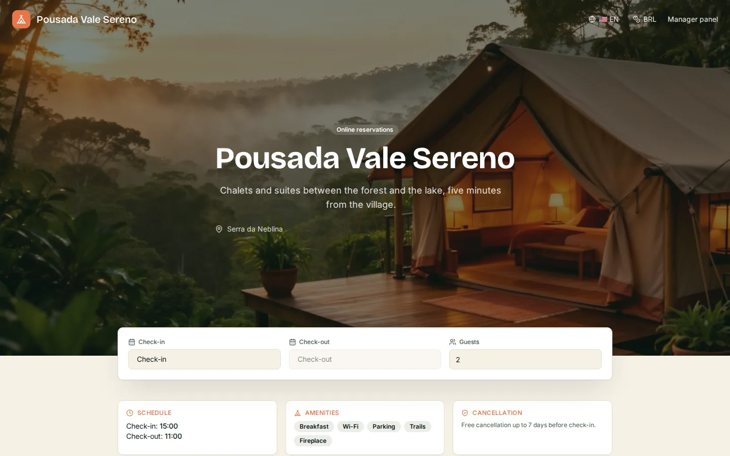 The booking page of a property running Glampcloud: a photo of the place, its description, and the search bar with check-in, check-out and number of guests.