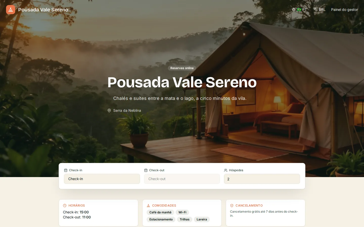 Página pública de reservas de uma hospedagem que usa o Glampcloud: foto do lugar, descrição e a barra de busca com check-in, check-out e número de hóspedes.